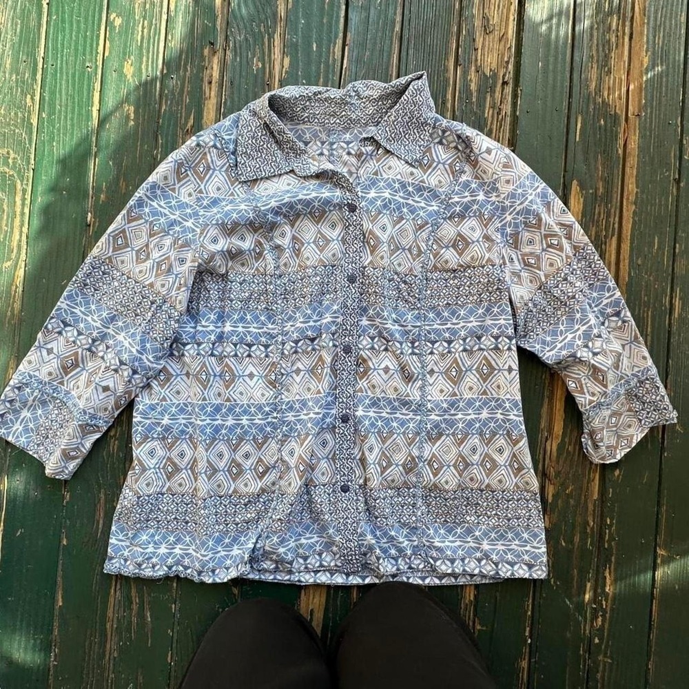 Blue‎ Geometric Tribal Print Cotton Button Down Shirt 3/4 Sleeve Top